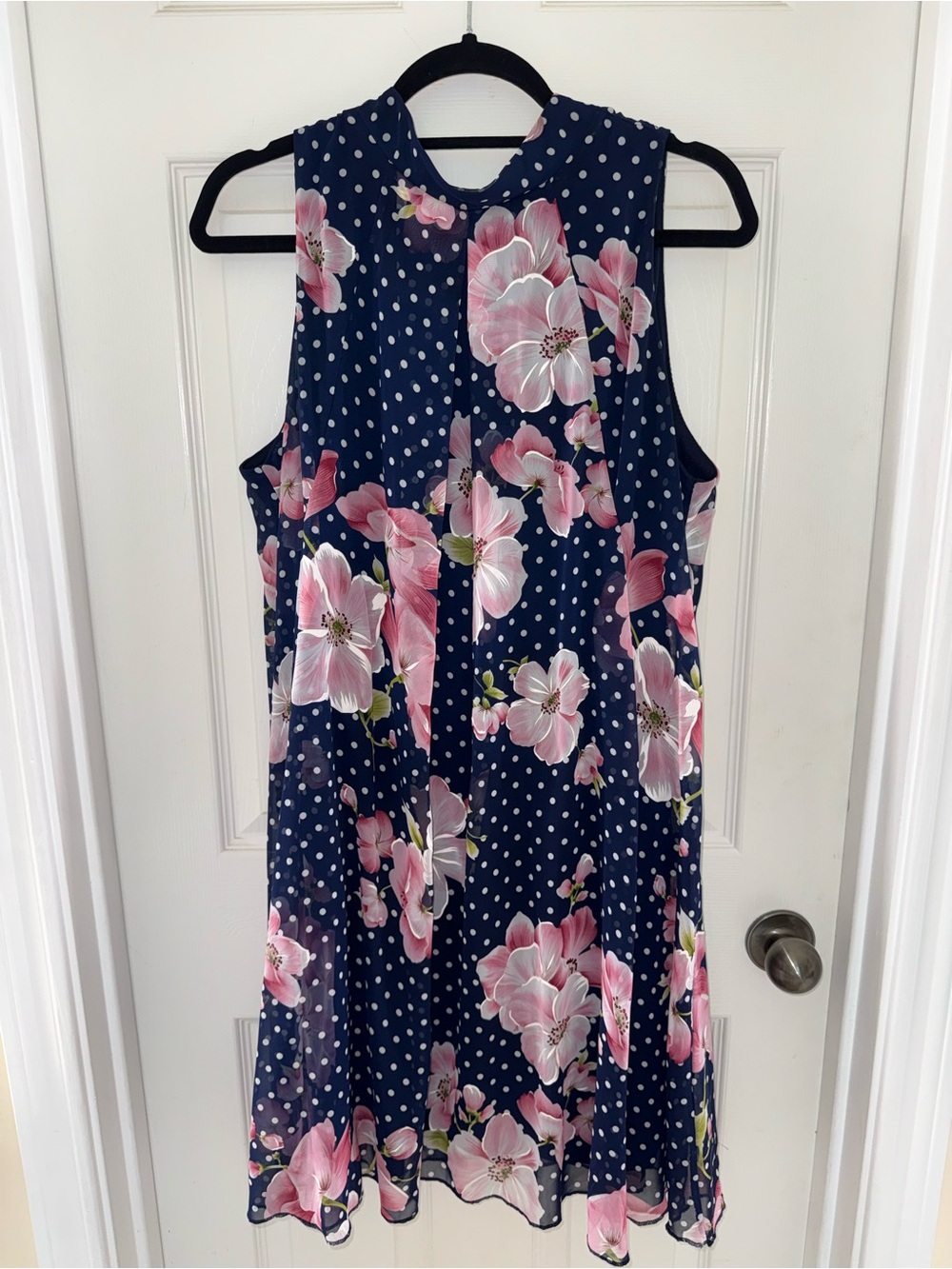 Robbie Bee Navy Dress with Pink Floral and White Polka Accents
